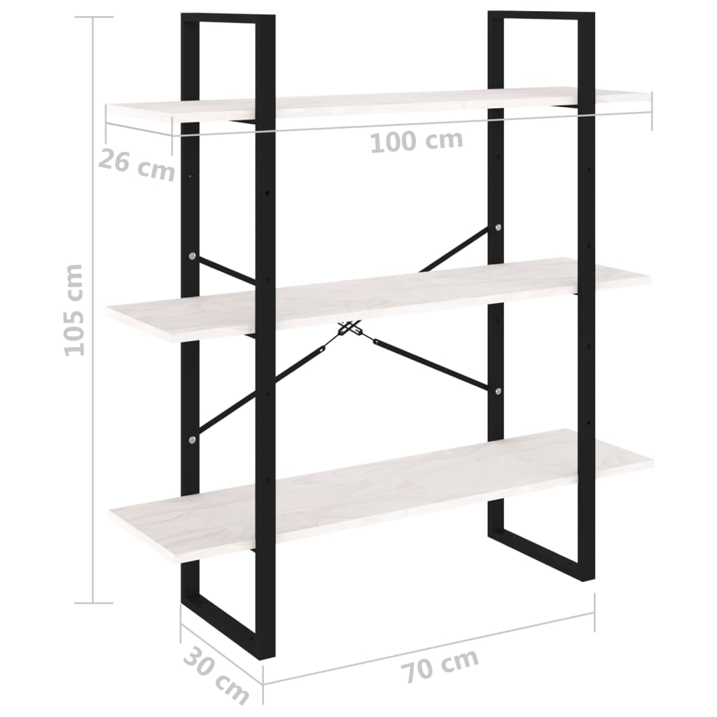 Bookshelf, 3 shelves, white, 100x30x105cm, pine