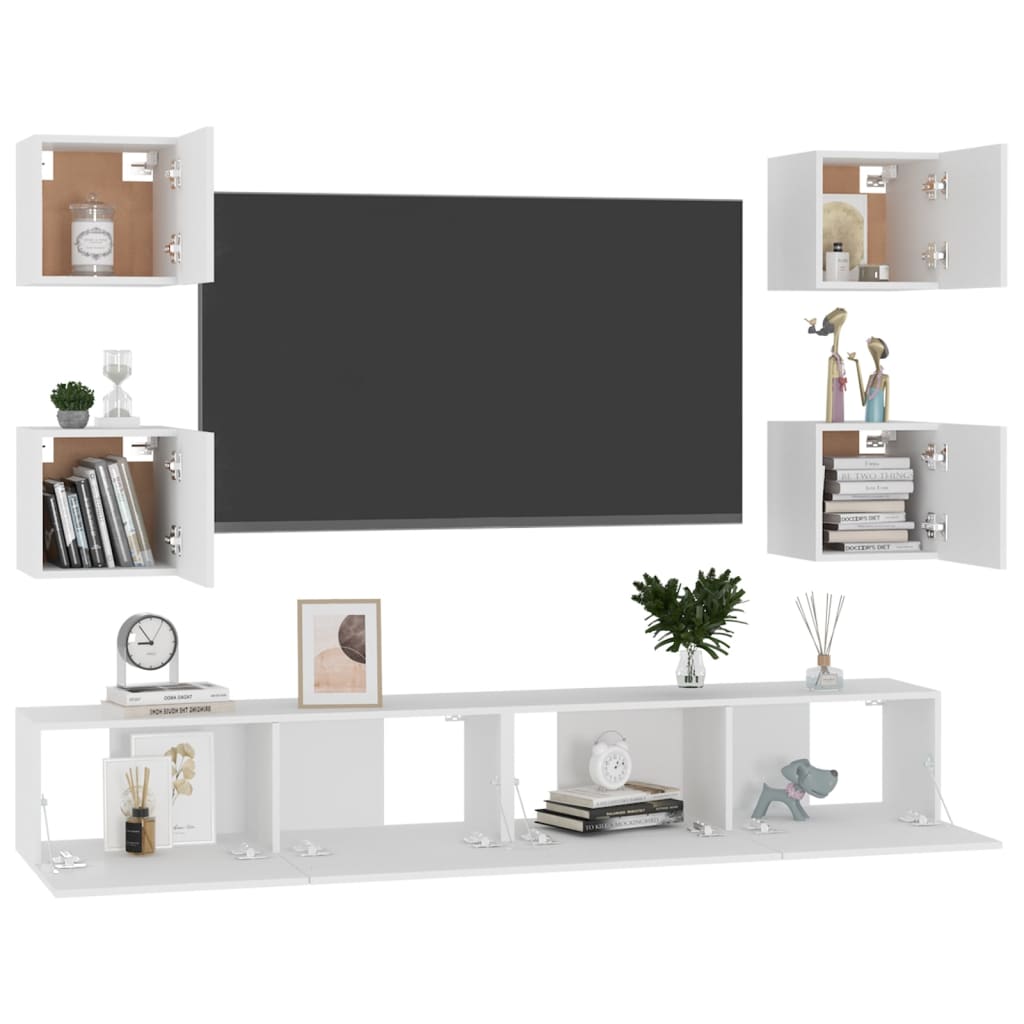 TV Cabinet Set, 6-Piece, White, Wood