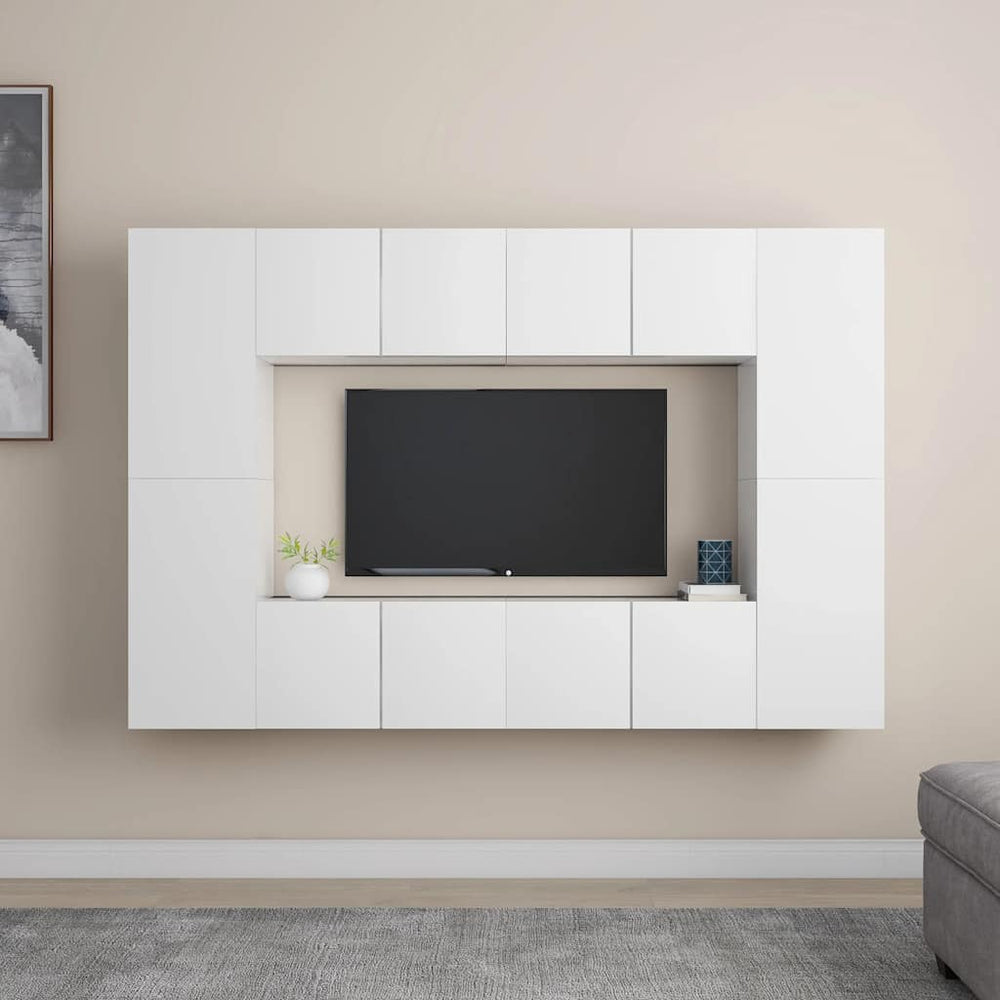 Televizoriaus spintelių komplektas, 8 dalių, baltas, mediena