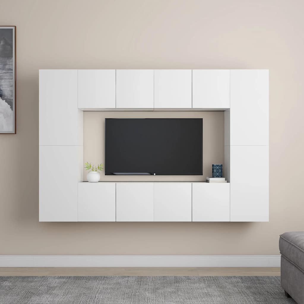 Televizoriaus spintelių komplektas, 8 dalių, baltas, mediena