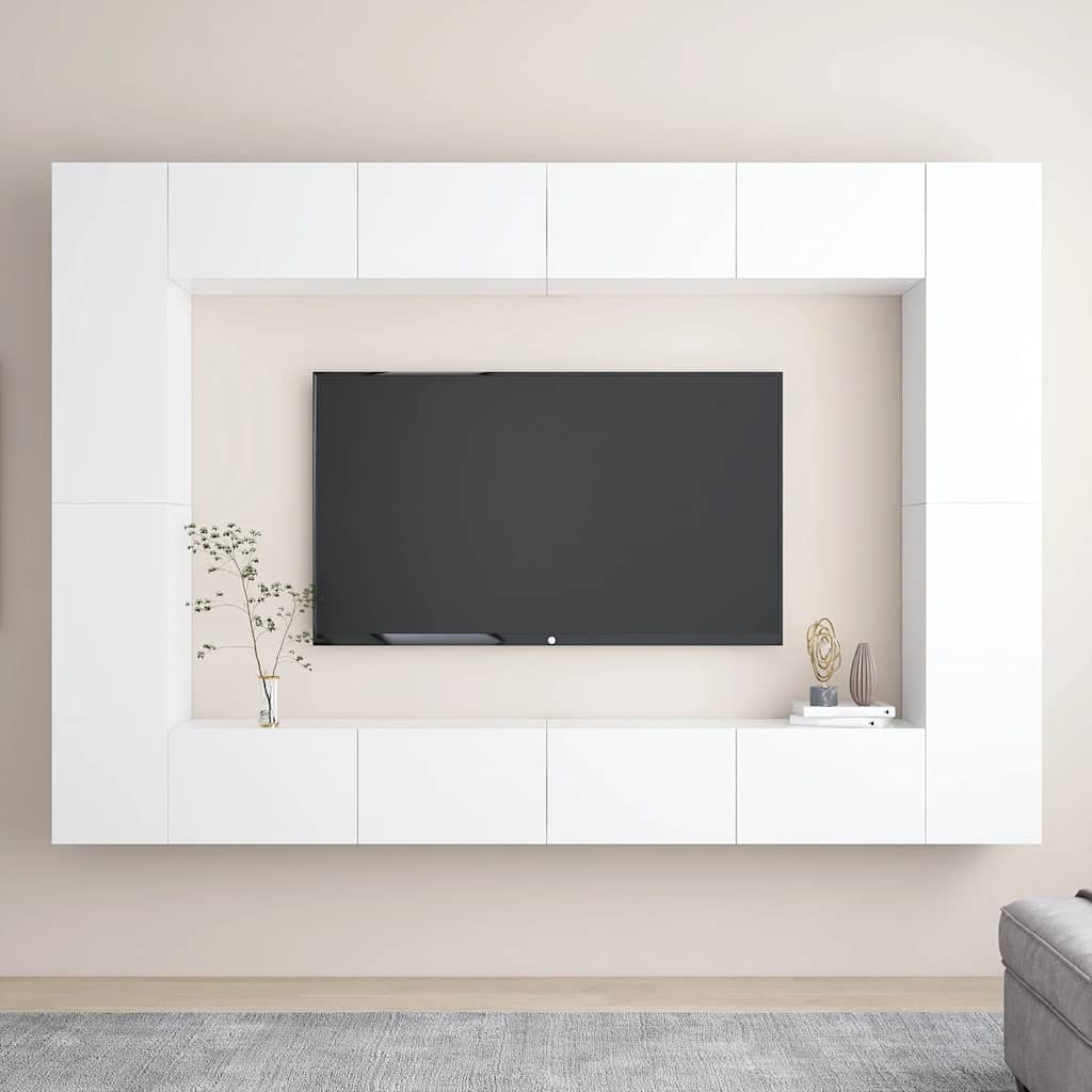 Televizoriaus spintelių komplektas, 8 dalių, baltas, mediena