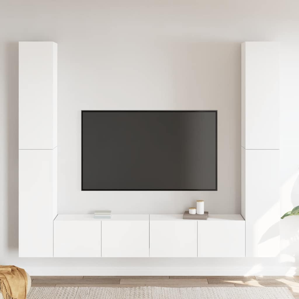 Televizoriaus spintelių komplektas, 6 dalių, baltas, mediena