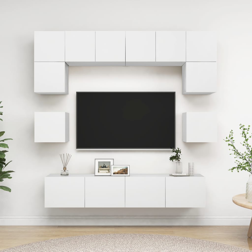 Televizoriaus spintelių komplektas, 8 dalių, baltas, mediena