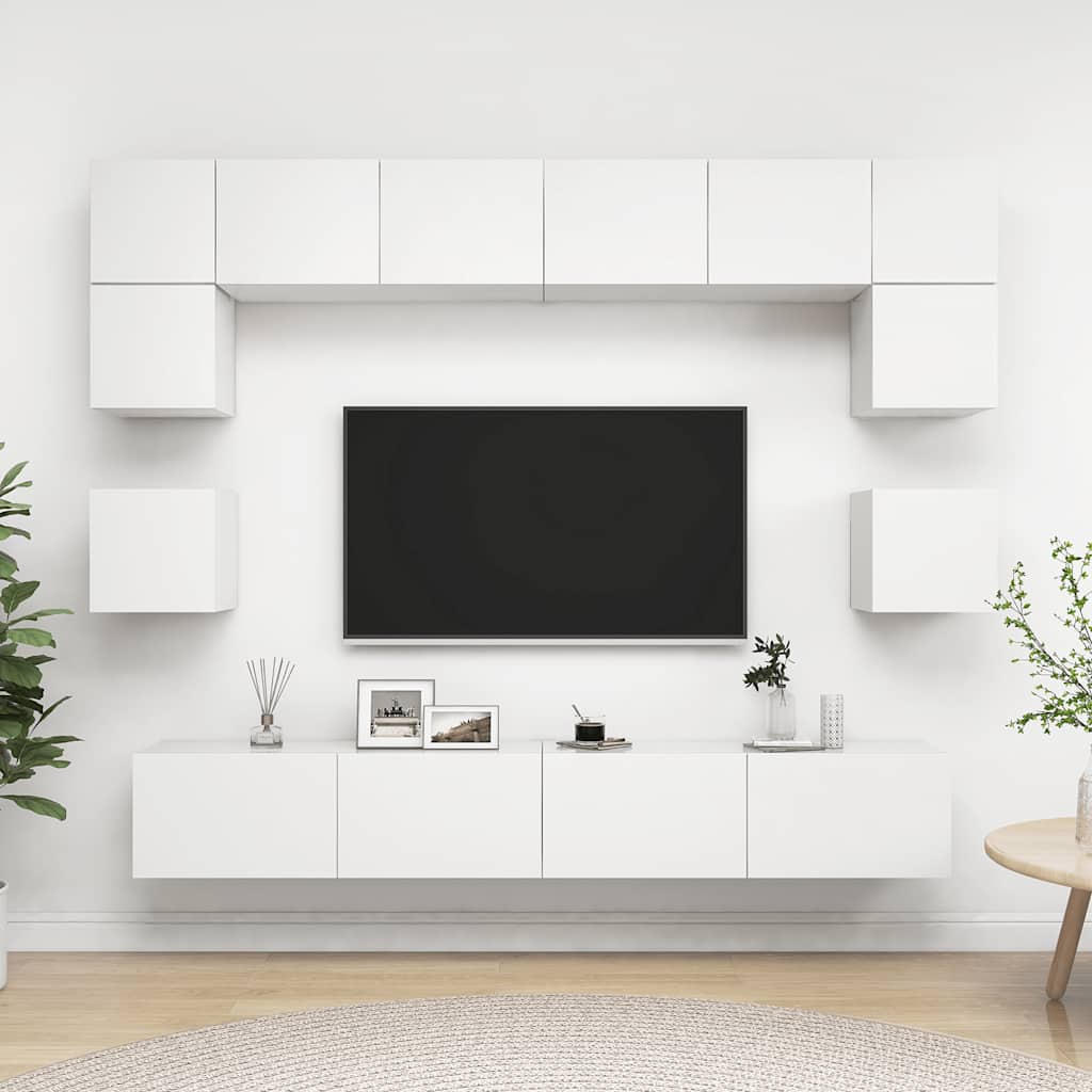 Televizoriaus spintelių komplektas, 8 dalių, baltas, mediena