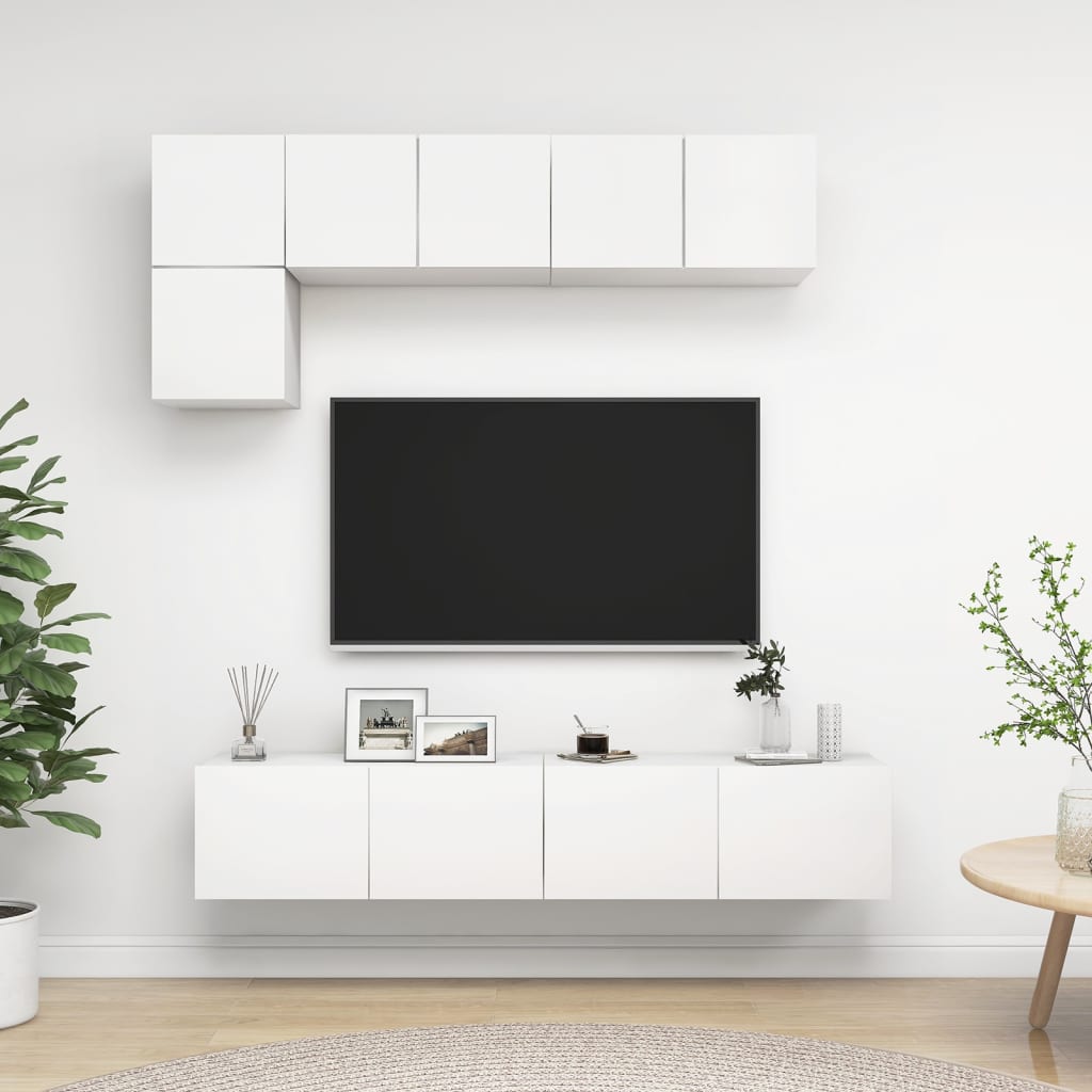 Televizoriaus spintelių komplektas, 5 dalių, baltas, mediena