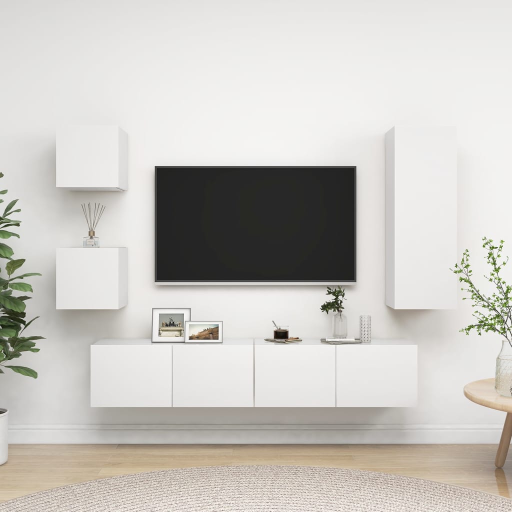 Televizoriaus spintelių komplektas, 5 dalių, baltas, mediena