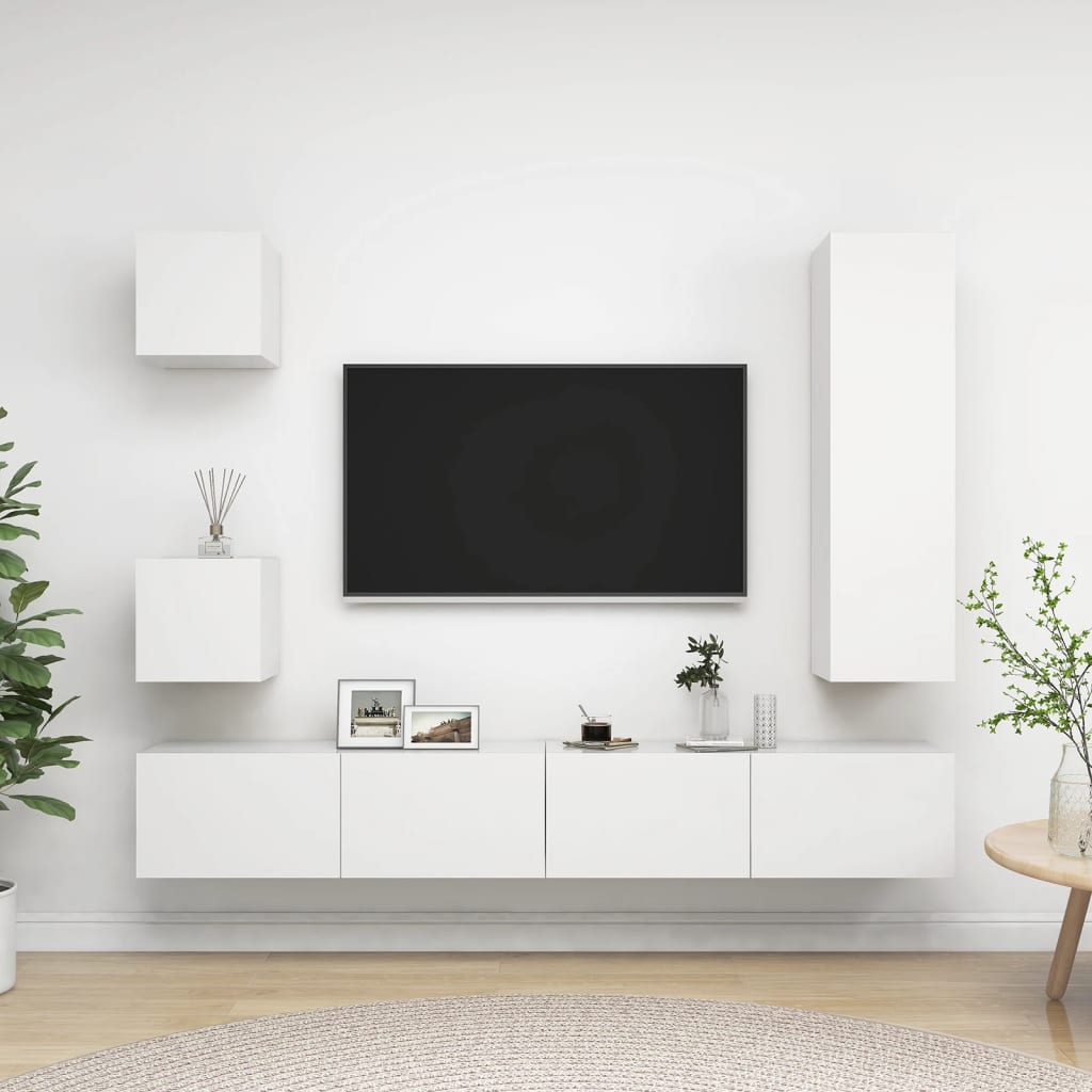 Televizoriaus spintelių komplektas, 5 dalių, baltas, mediena