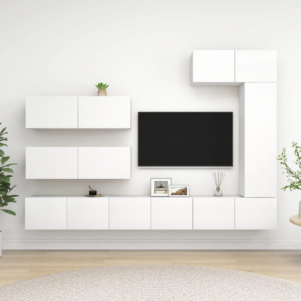 Televizoriaus spintelių komplektas, 7 dalių, baltas, mediena