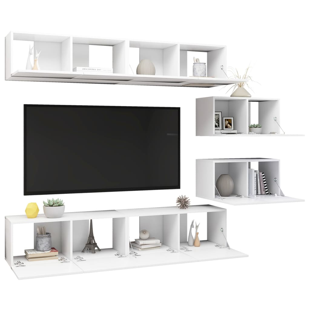 TV skapīšu komplekts, 6 daļas, balts, koks