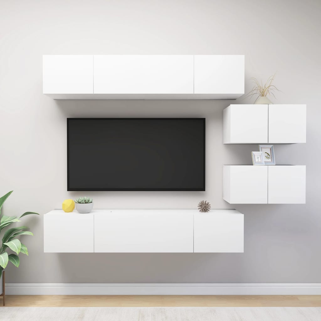 TV skapīšu komplekts, 6 daļas, balts, koks