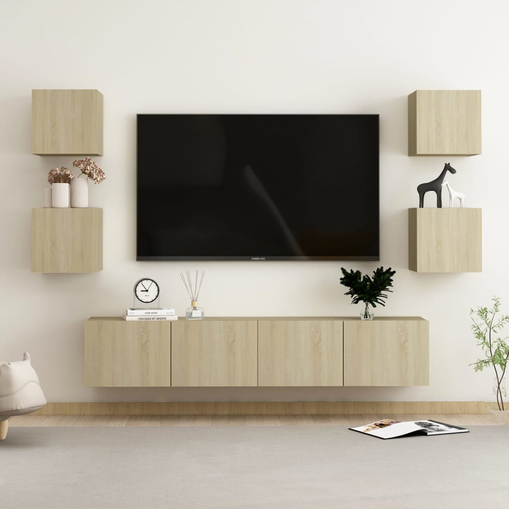 Televizoriaus spintelių komplektas, 6 dalių, ąžuolo, mediena