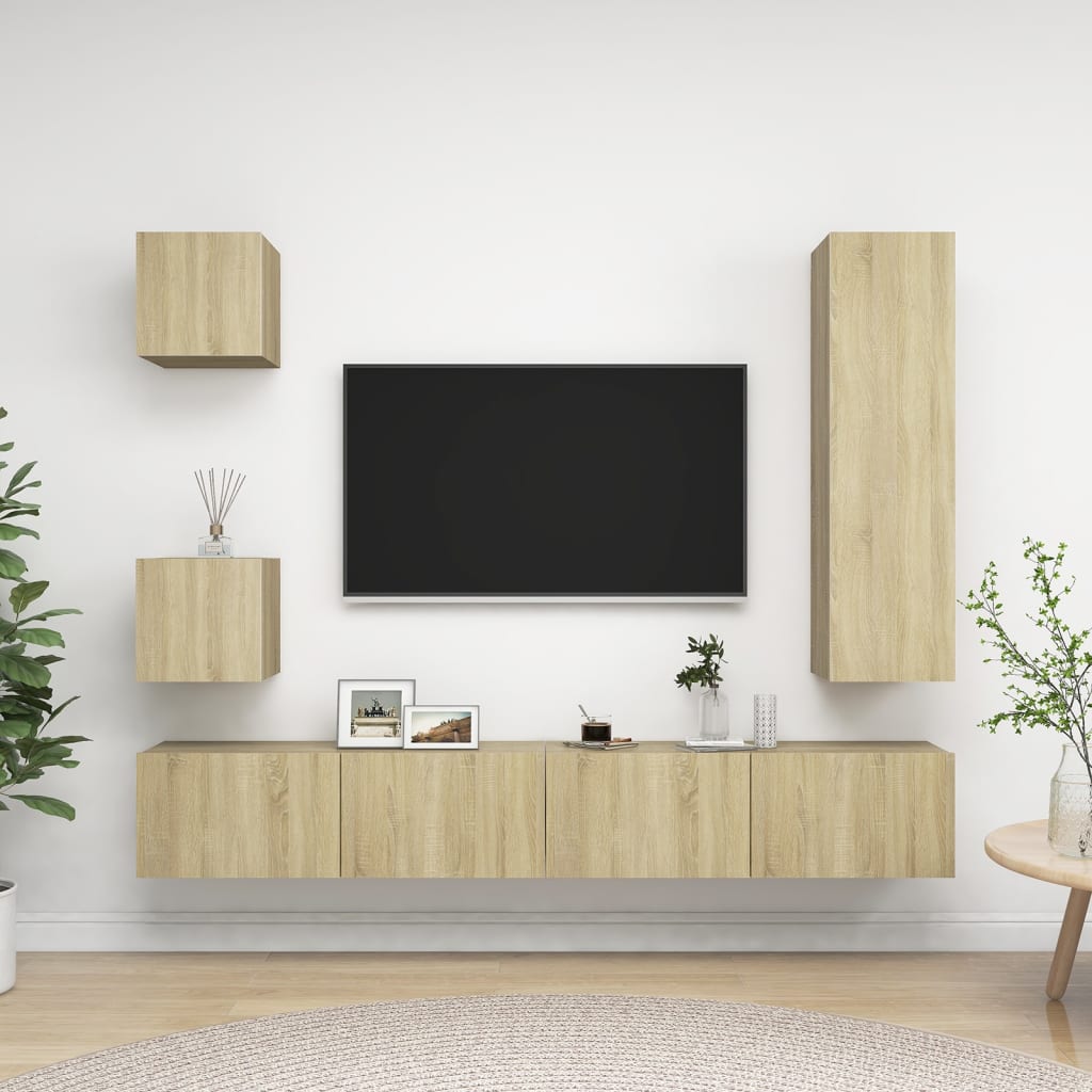Televizoriaus spintelių komplektas, 5 dalių, ąžuolo, mediena