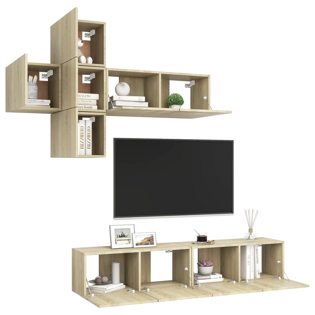 Televizoriaus spintelių komplektas, 7 dalių, ąžuolo, mediena