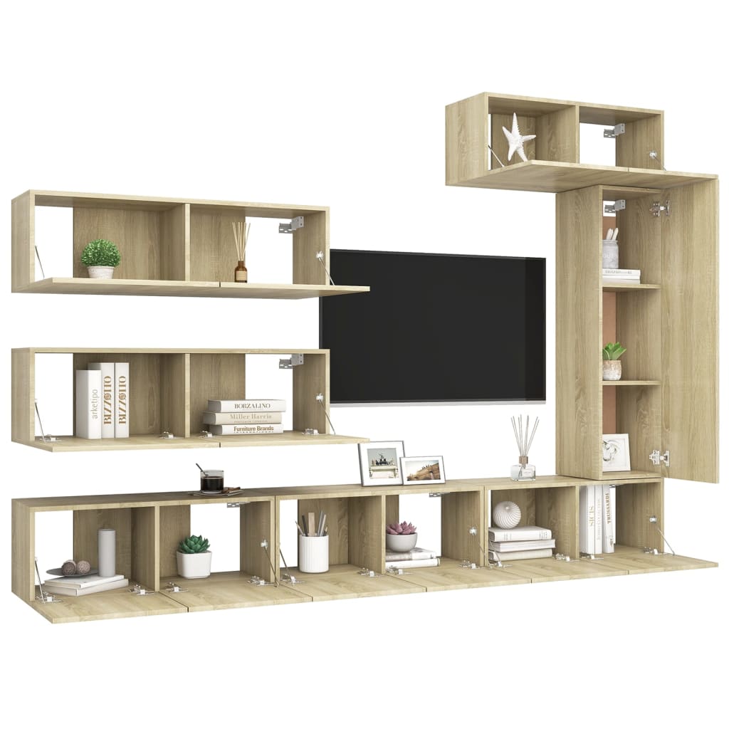 TV Cabinet Set, 7-Piece, Oak, Wood