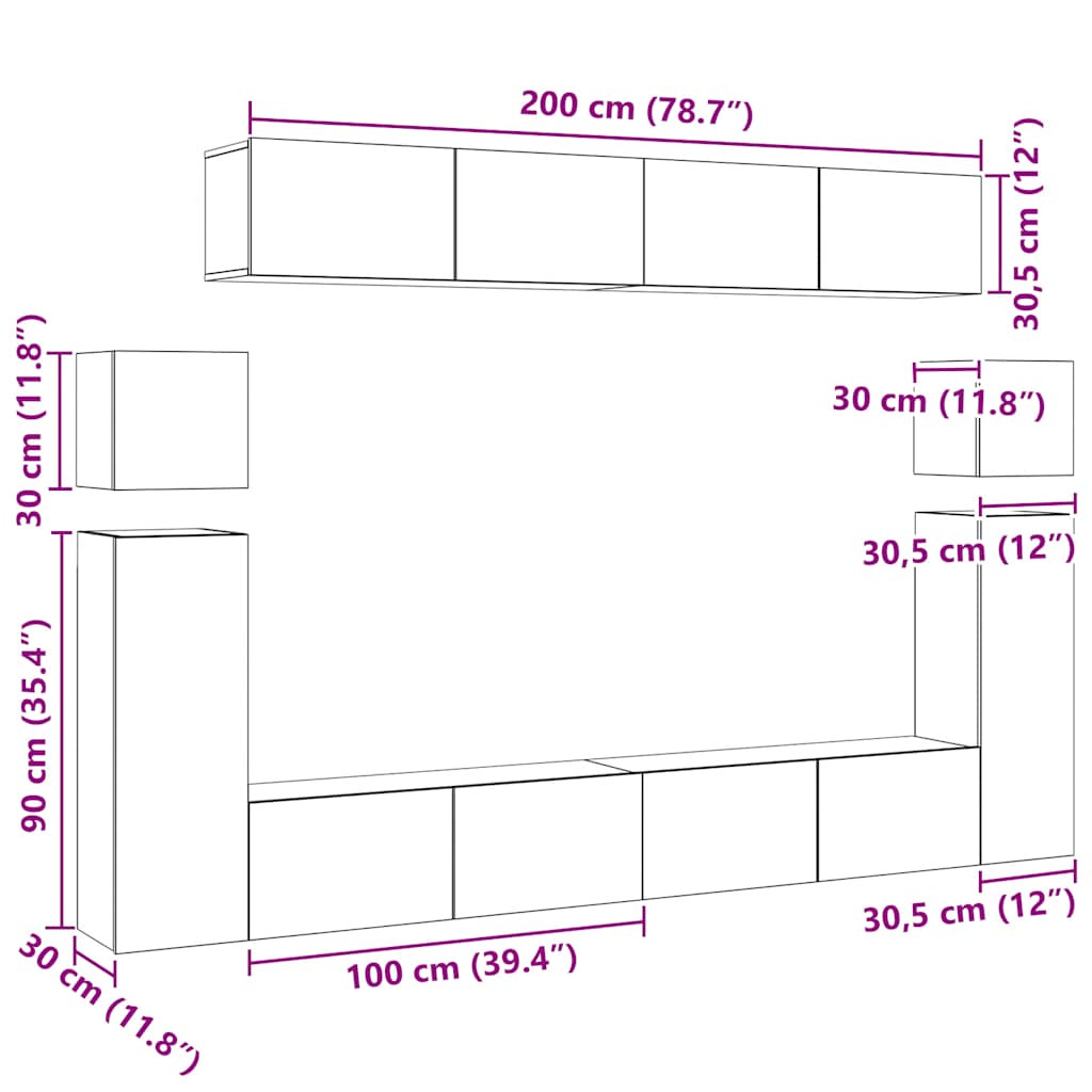 TV cabinet set, 8-piece, oak, wood