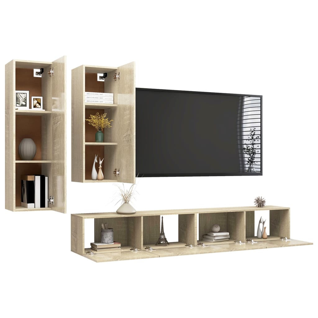 TV cabinet set, 4-piece, oak, wood
