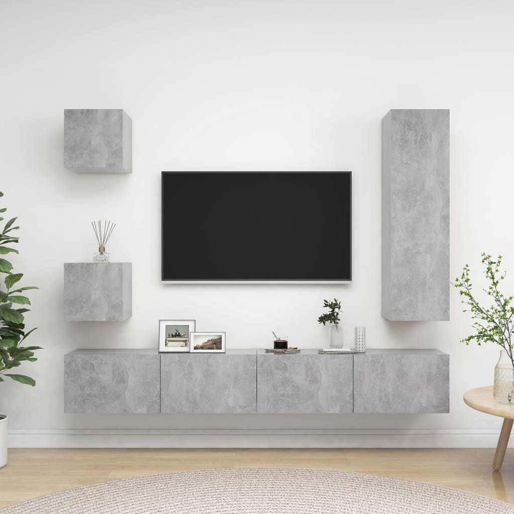 Televizoriaus spintelių komplektas, 5 dalių, betono, mediena