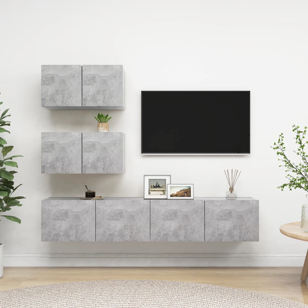 Televizoriaus spintelių komplektas, 4 dalių, betono, mediena
