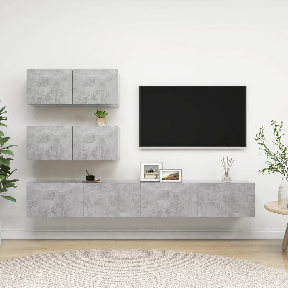 Televizoriaus spintelių komplektas, 4 dalių, betono, mediena