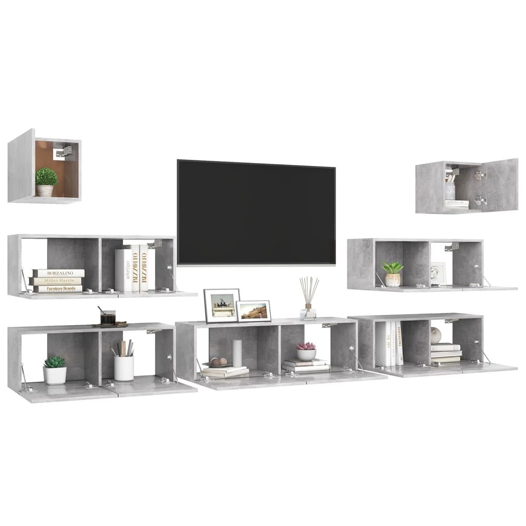 TV cabinet set, 7-piece, concrete, wood