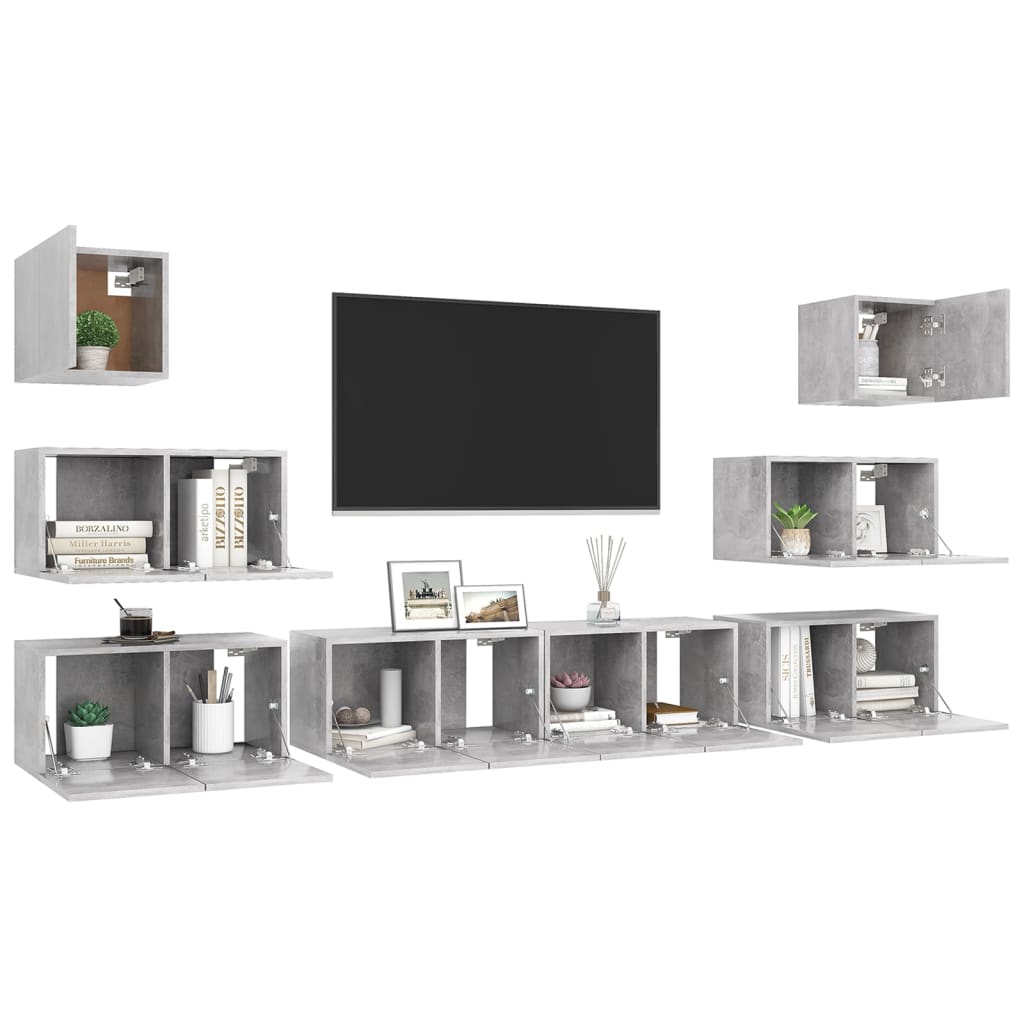 TV cabinet set, 8-piece, concrete, wood