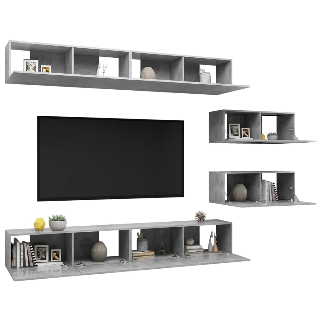 TV cabinet set, 6-piece, concrete, wood