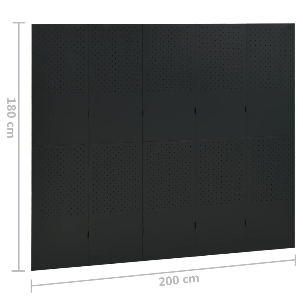 Room Divider, 5-Panel, Black, 200x180cm, Steel