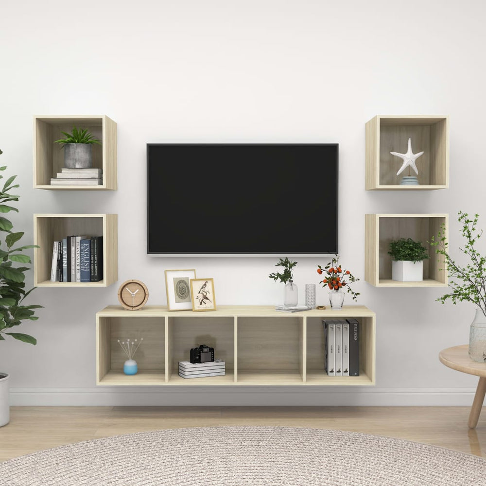 Televizoriaus spintelių komplektas, 5 dalių, ąžuolo, mediena