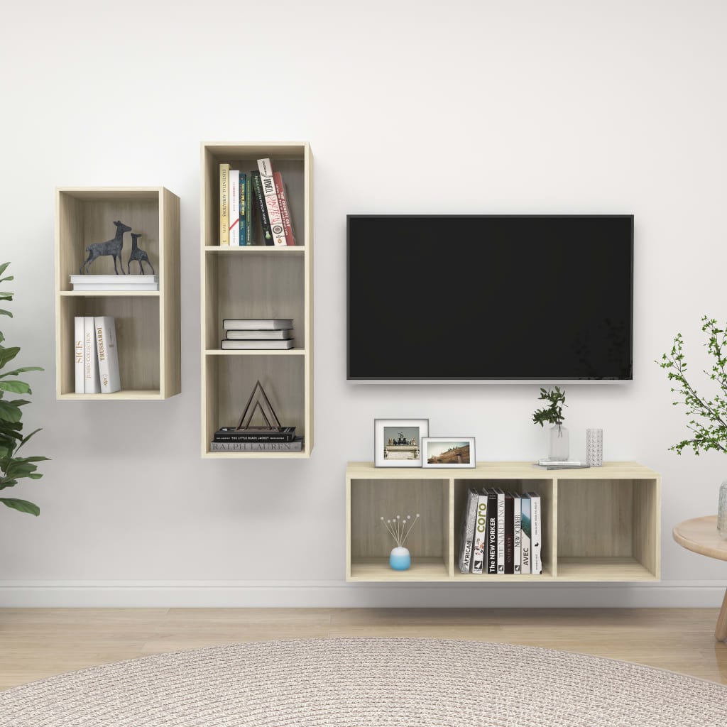 Televizoriaus spintelių komplektas, 3 dalių, ąžuolo, mediena