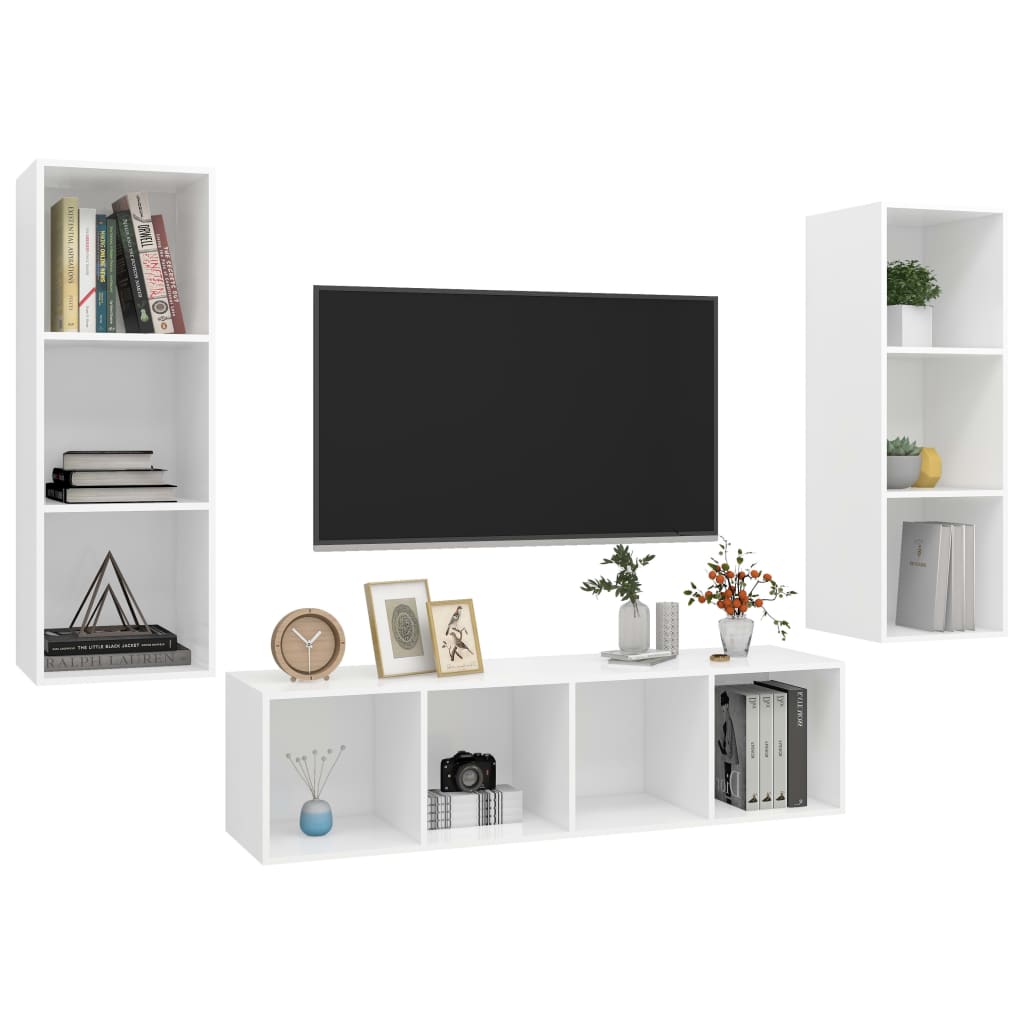TV skapīšu komplekts, 3 daļas, balts, skaidu plāksne