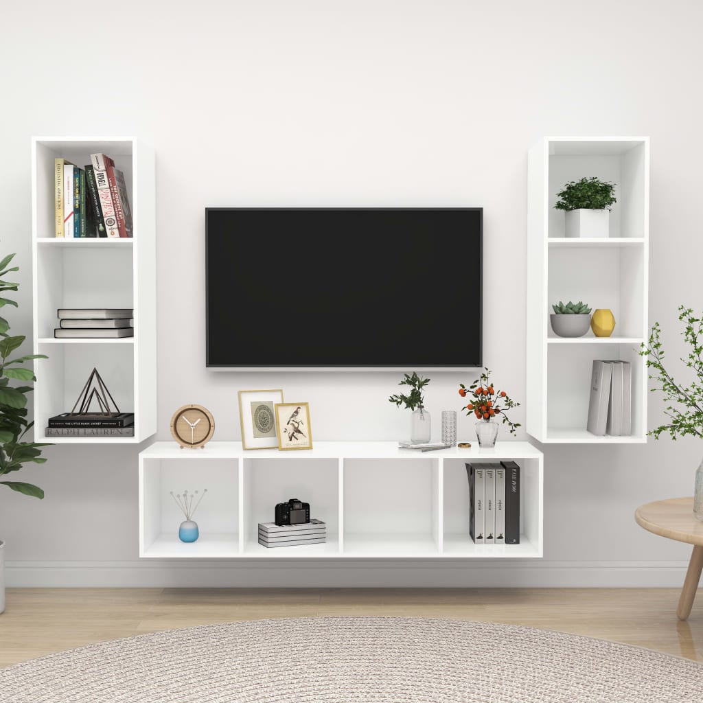 TV skapīšu komplekts, 3 daļas, balts, skaidu plāksne
