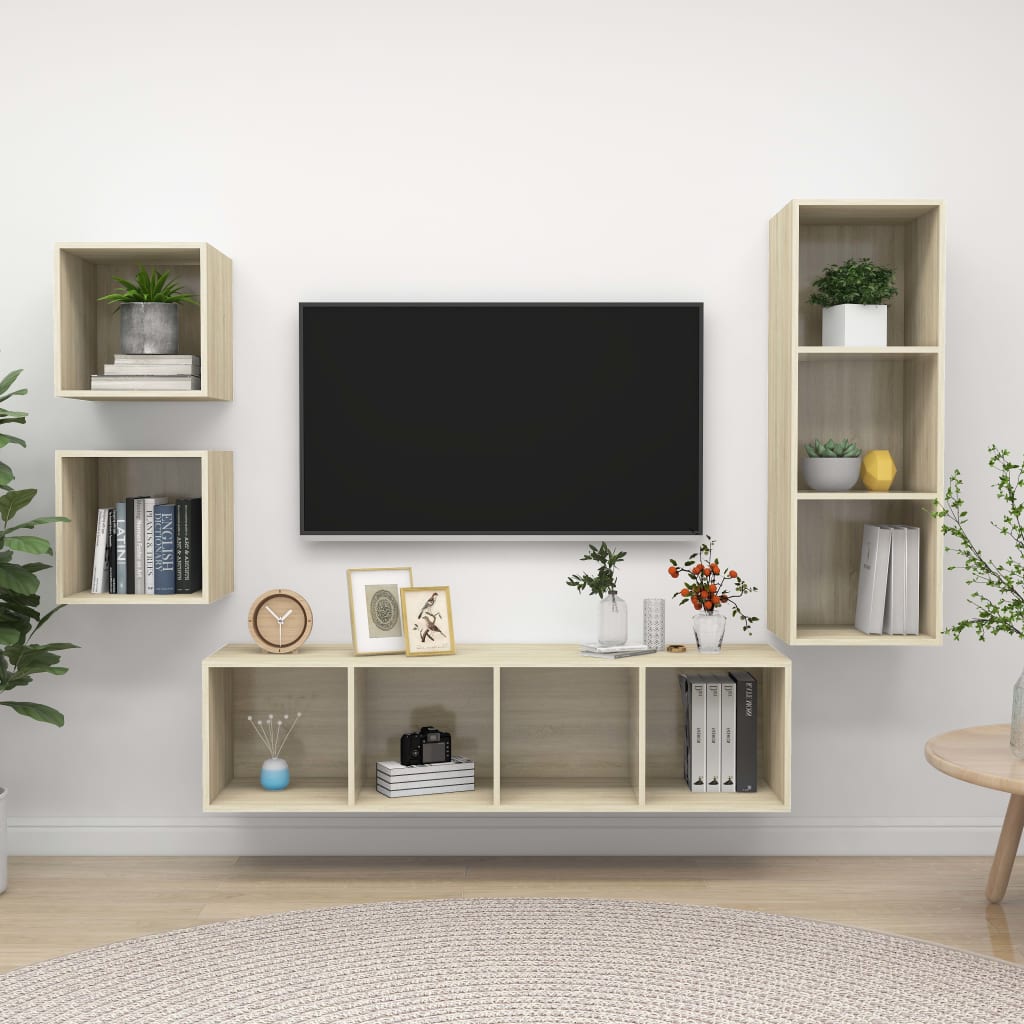Televizoriaus spintelių komplektas, 4 dalių, ąžuolo, mediena