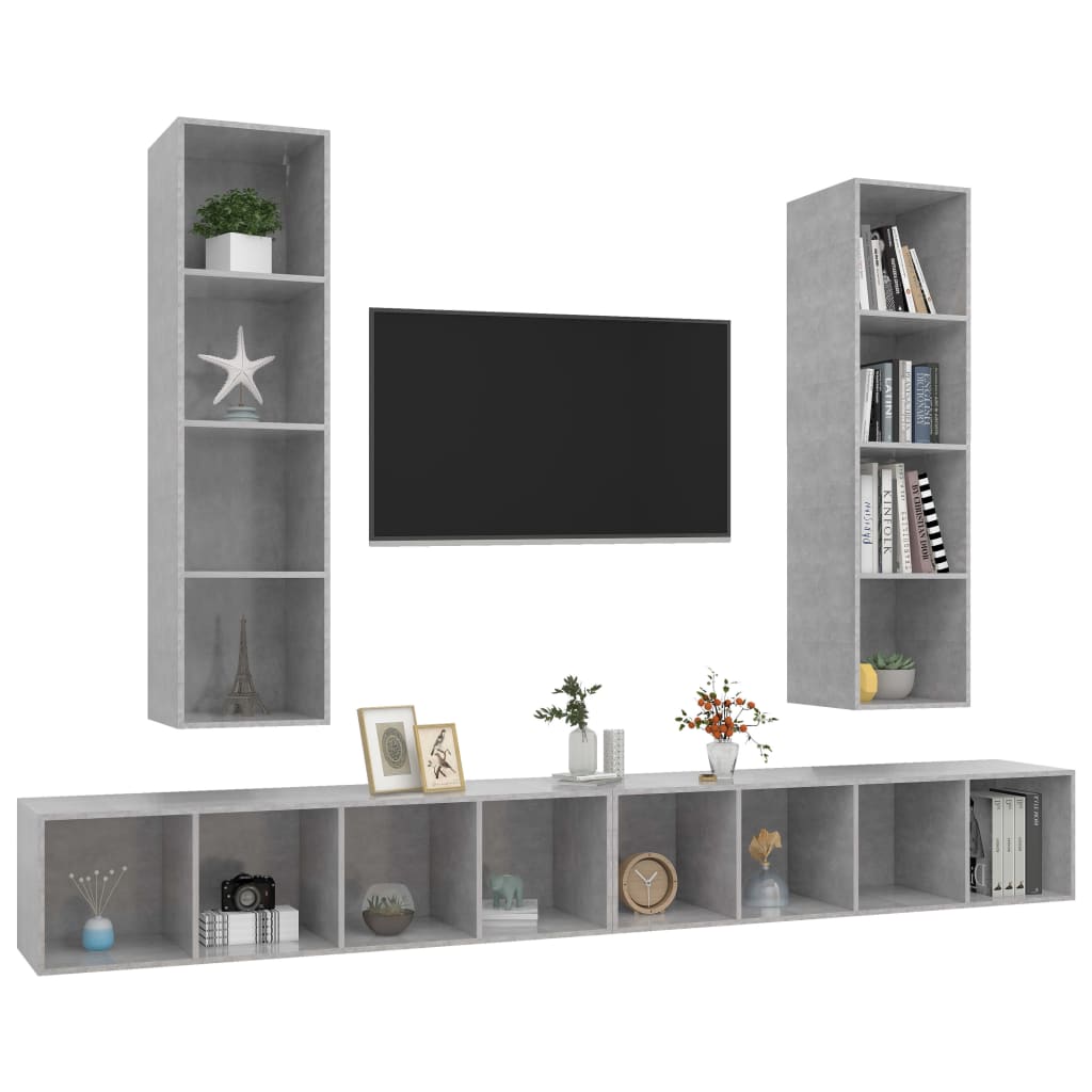 Wall-mounted TV cabinets, 4 pcs, concrete grey, engineered wood