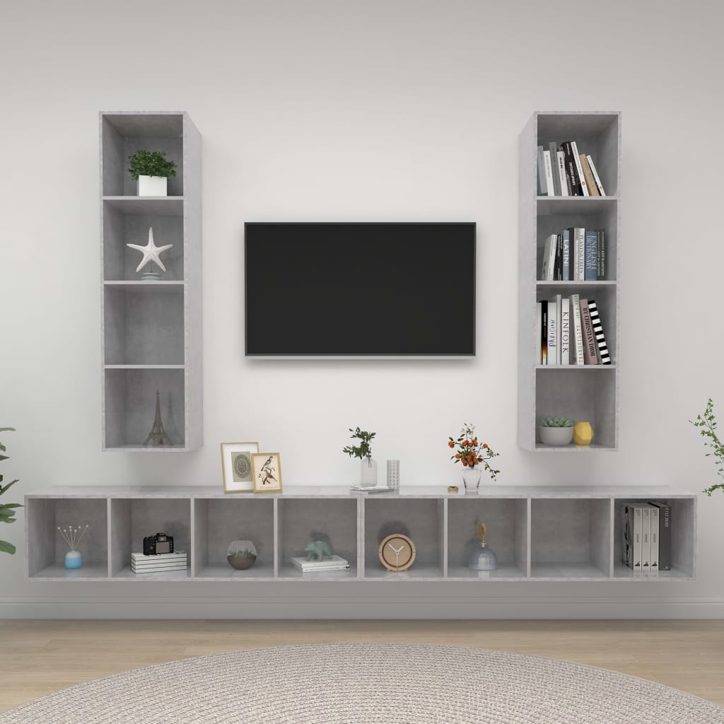 Wall-mounted TV cabinets, 4 pcs, concrete grey, engineered wood