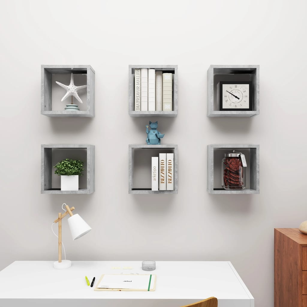 Wall shelves, 6 pcs, grey, 30x15x30cm, cube shaped