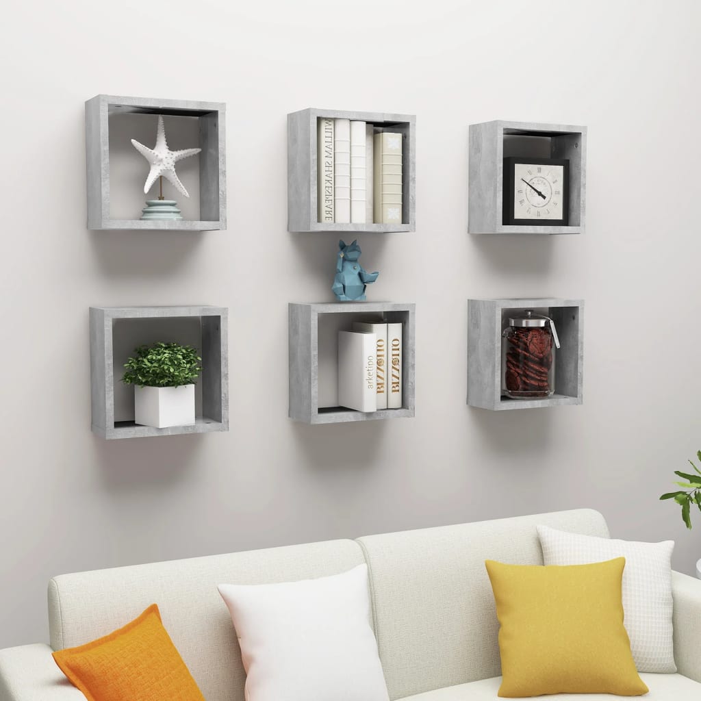 Wall shelves, 6 pcs, grey, 30x15x30cm, cube shaped