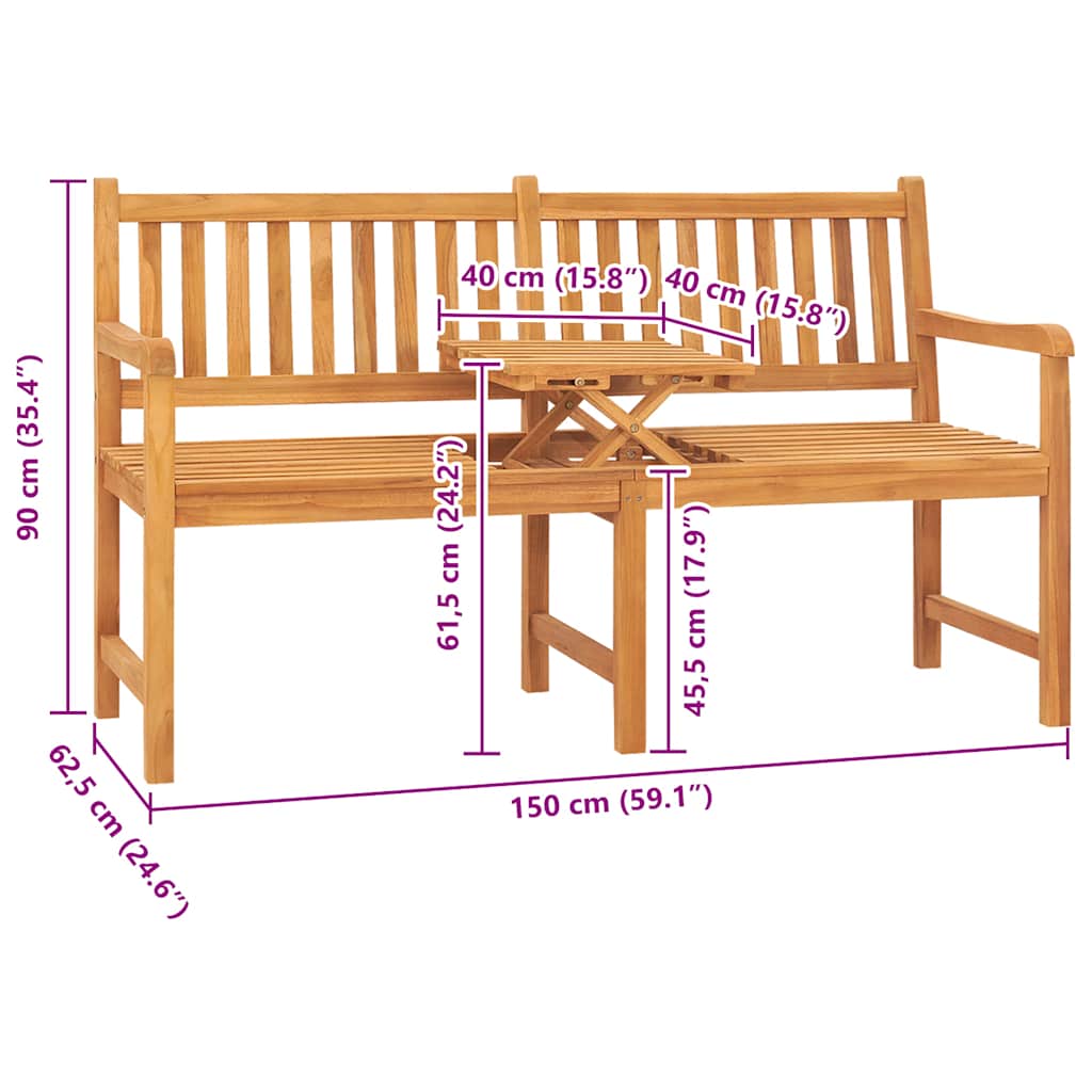 Trivietis sodo suoliukas su staliuku, 150cm, tikmedžio masyvas