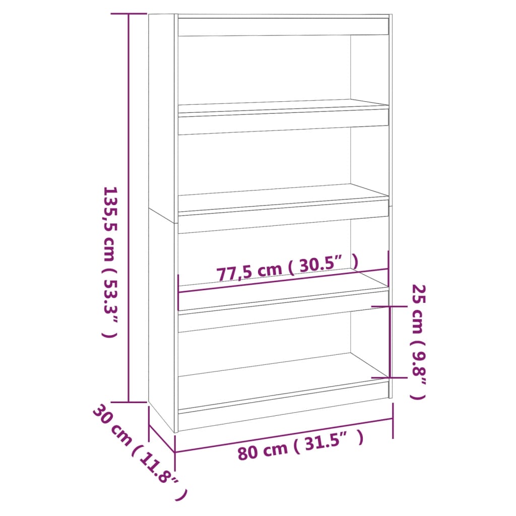 Grāmatu plaukts/istabas nodalījums, brūns, 80x30x135,5cm, priede