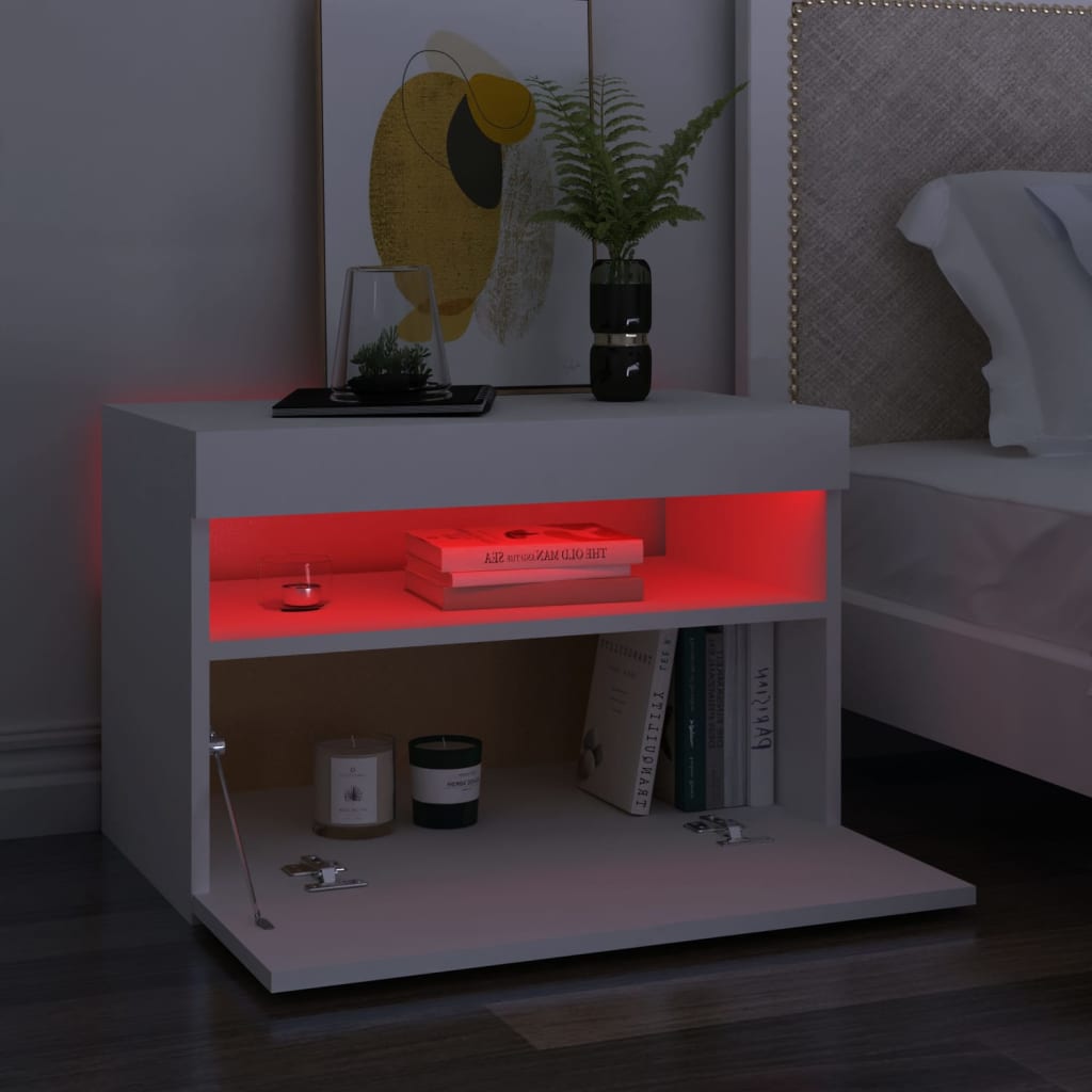 Naktinė spintelė su LED, baltos spalvos, 60x35x40cm, mediena