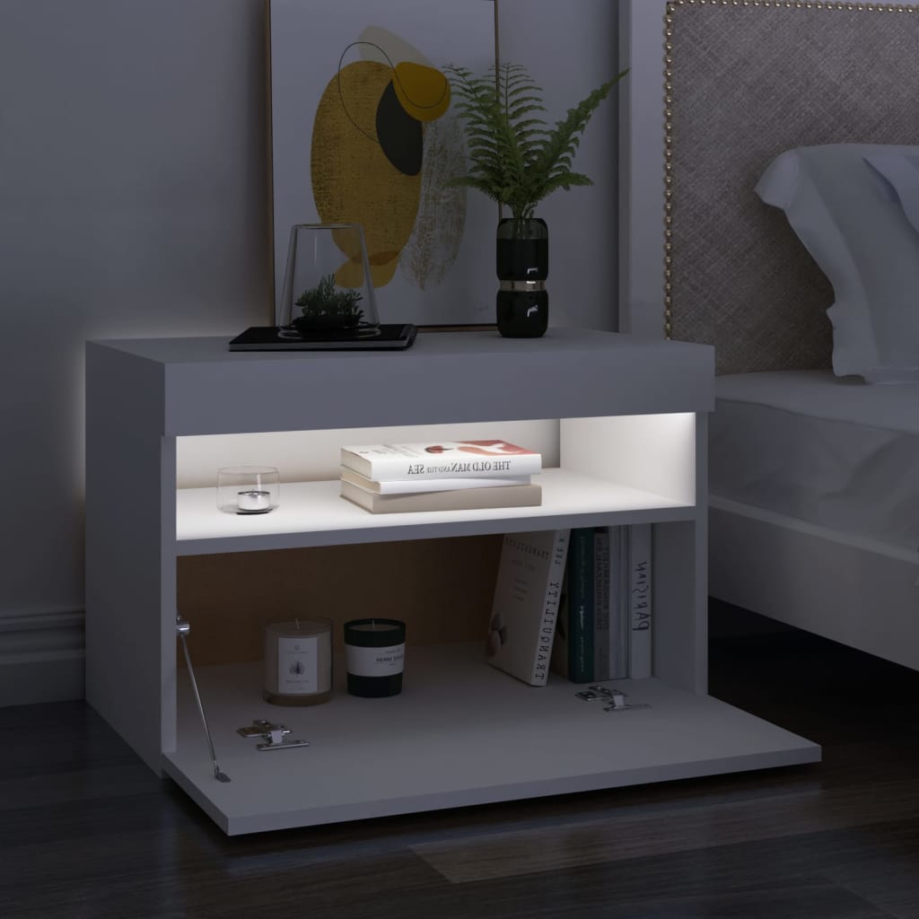 Naktinė spintelė su LED, baltos spalvos, 60x35x40cm, mediena