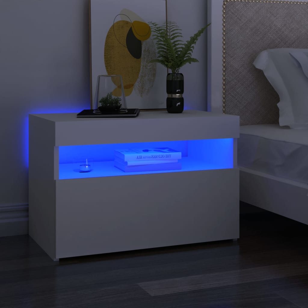 Naktinė spintelė su LED, baltos spalvos, 60x35x40cm, mediena