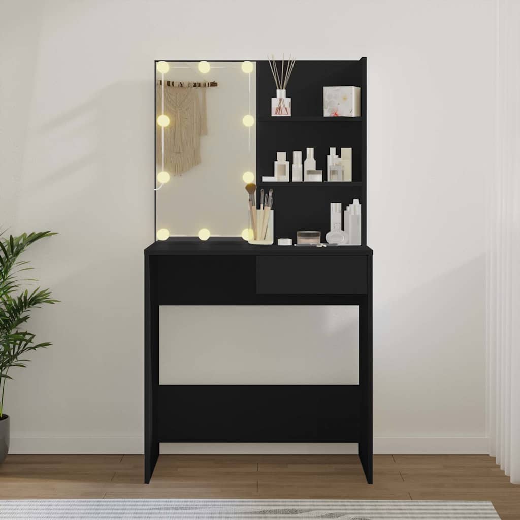 Kosmetinis staliukas su LED apšvietimu, juodas, 74,5x40x141cm