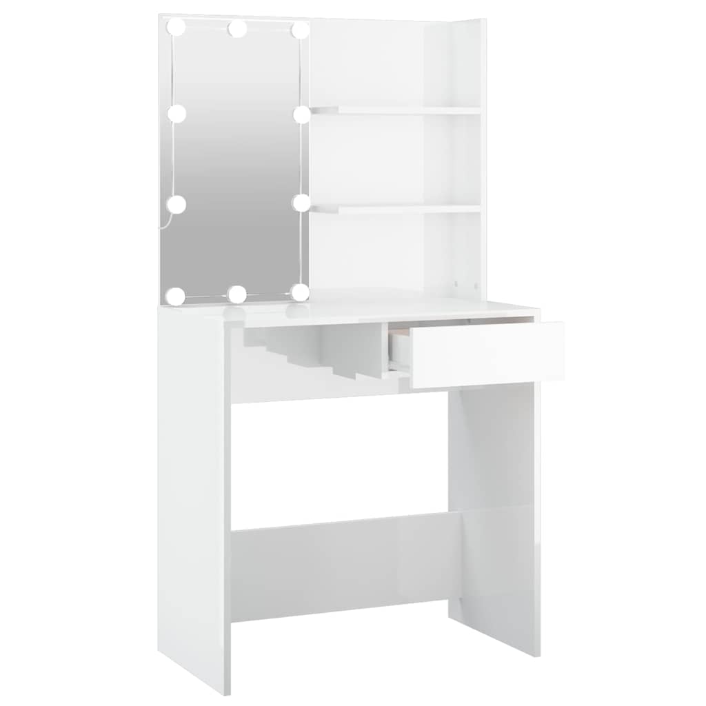 Kosmetinis staliukas su LED, baltas, 74,5x40x141cm, blizgus