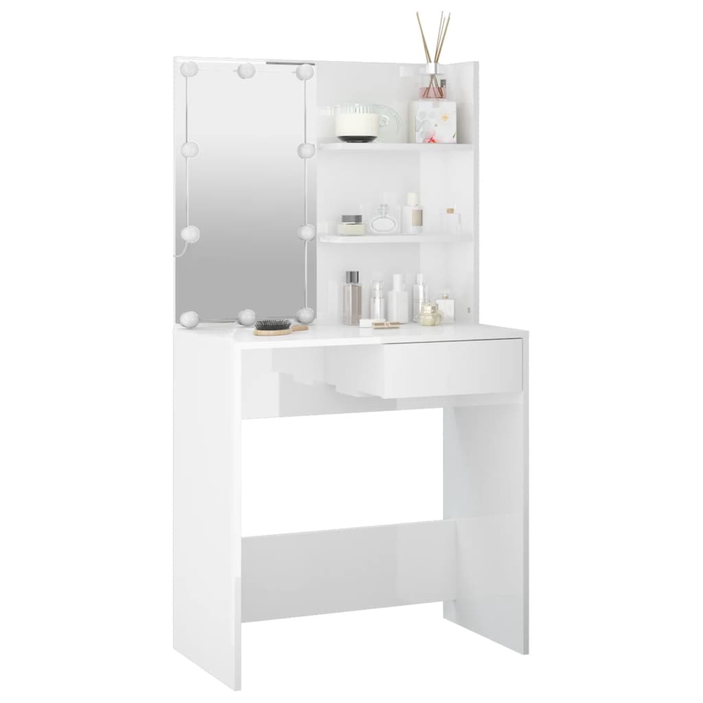 Kosmētikas galdiņš ar LED, balts, 74,5x40x141cm, spīdīgs