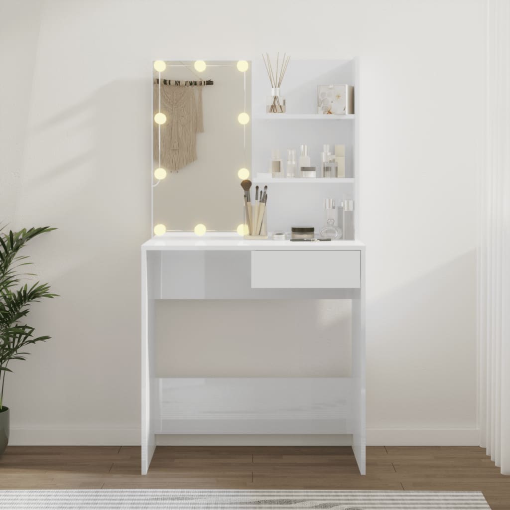 Kosmētikas galdiņš ar LED, balts, 74,5x40x141cm, spīdīgs