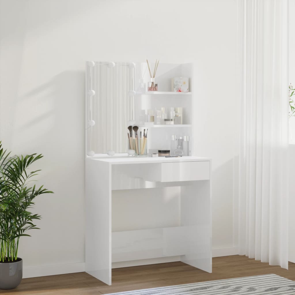 Kosmētikas galdiņš ar LED, balts, 74,5x40x141cm, spīdīgs