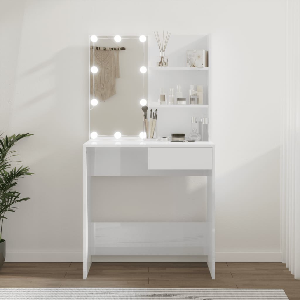 Kosmētikas galdiņš ar LED, balts, 74,5x40x141cm, spīdīgs