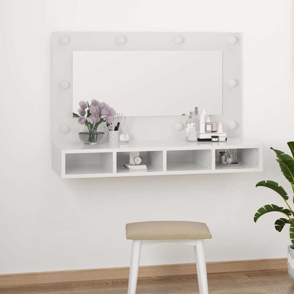 Veidrodinė spintelė su LED, balta, 90x31,5x62cm, blizgi