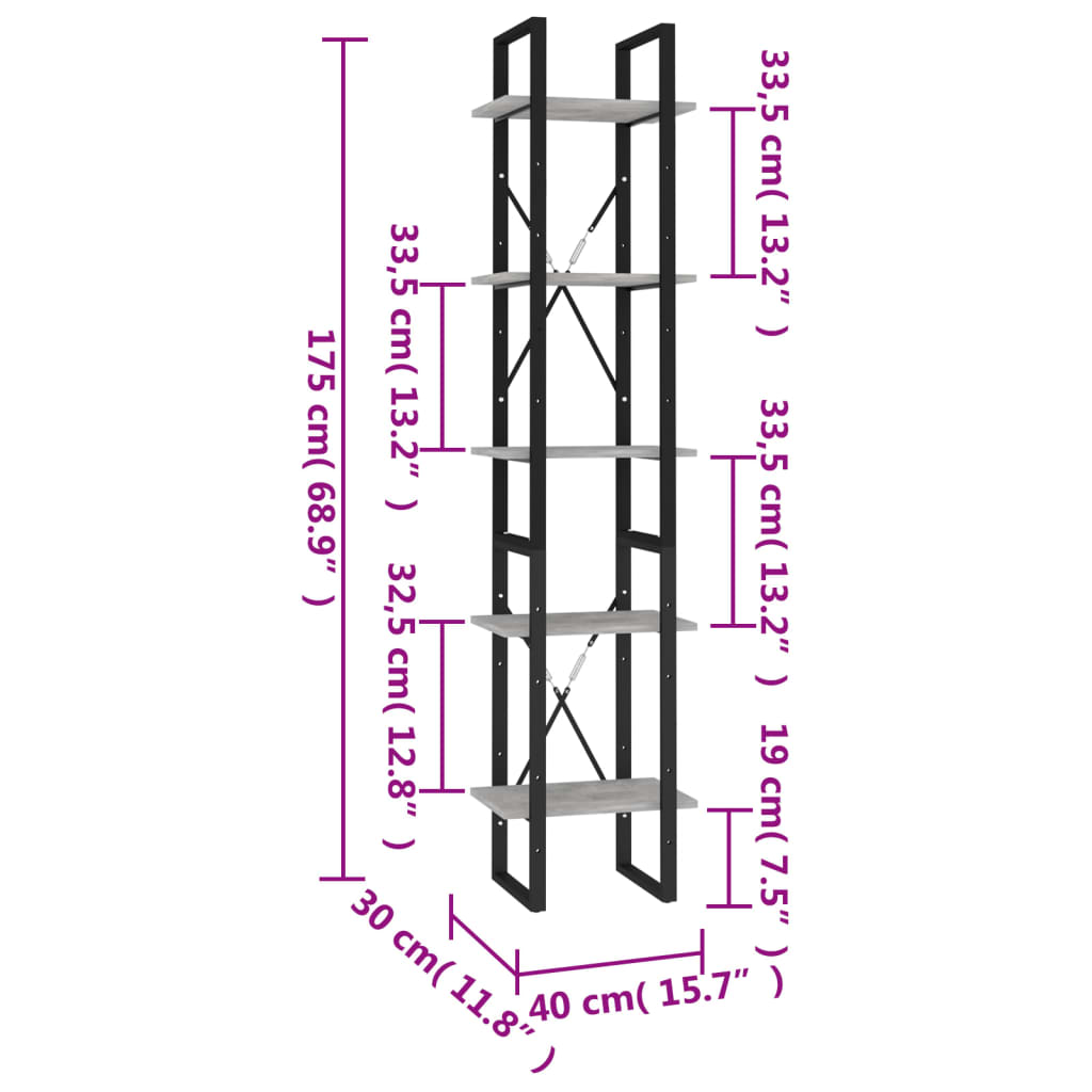 Bookcase, 5 shelves, concrete, 40x30x175cm, wood
