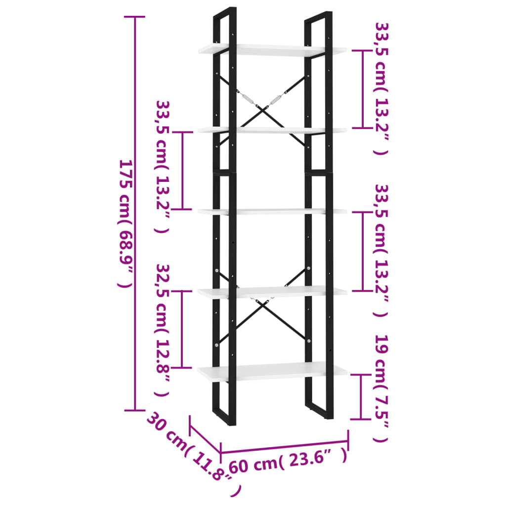 Grāmatu plaukts, 5 plaukti, balts, 60x30x175cm, koks